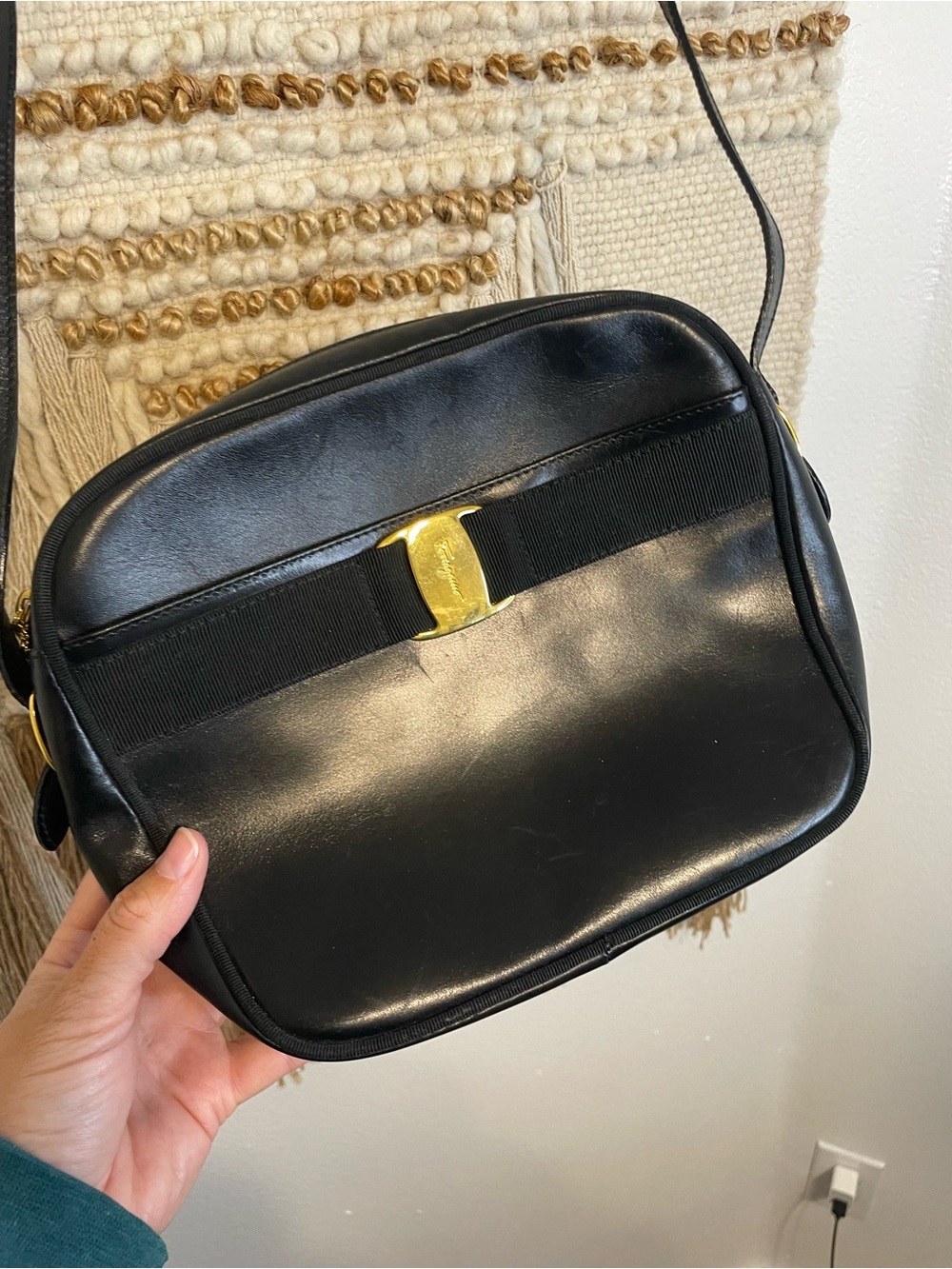 Vintage Salvatore Ferragamo Black Crossbody Bag with Gold Logo Accent - Picture 7 of 10